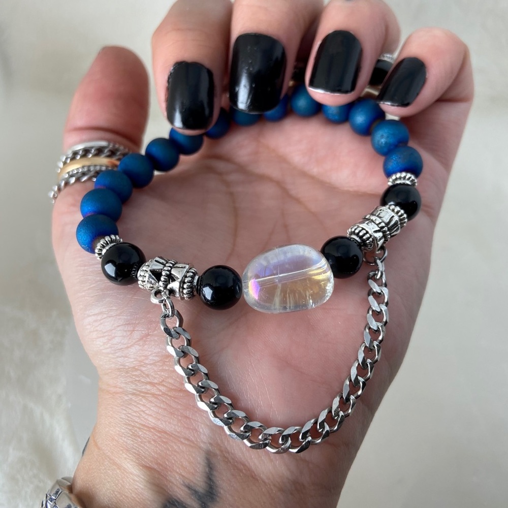 Aura crystal + blue druzy quartz & onyx + chain - Picture 7 of 12